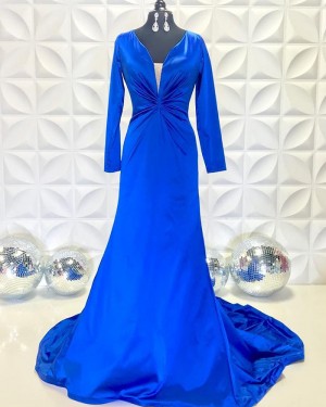 V-Neck Ruched Blue Mermaid Simple Prom Dress With Long Sleeves PD2232