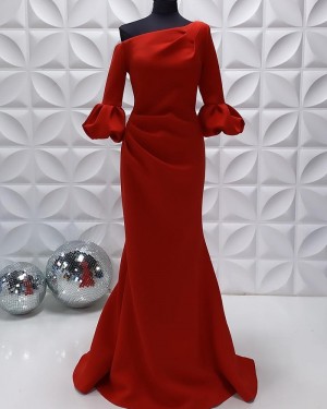 Satin Red Ruched Mermaid Off The Shoulder Evening Dress With Half Length Sleeves PD2237