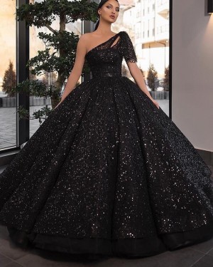 Black Sequin One Shoulder Ball Gown Prom Dress With Short Sleeves PD2245