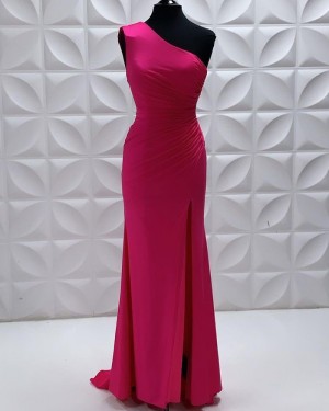 Fuchsia Satin One Shoulder Sheath Prom Dress With Side Slit PD2251