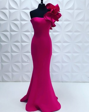 Fuchsia Satin One Shoulder Mermaid Evening Dress With Ruffle Sleeves PD2252