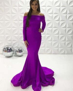 Off The Shoulder Purple Simple Satin Mermaid Prom Dress With Long Sleeves PD2253