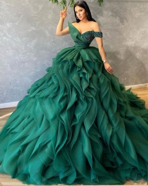 Ruffle Teal Green V-Neck Beading Bodice Ball Gown Evening Dress PD2254