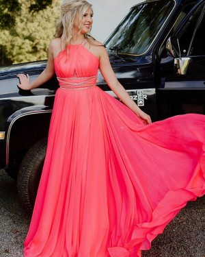 Blush Pink Chiffon Halter Pleated Beading Prom Dress PD2260