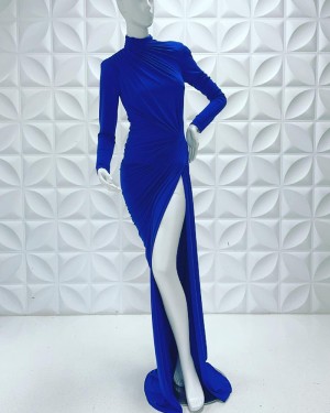 High Neck Blue Sheath Simple Long Sleeve Evening Dress With Side Slit PD2266