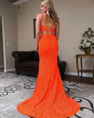 Spaghetti Straps Two Piece Orange Sequin Mermaid Formal Dress with Side Slit PD2270