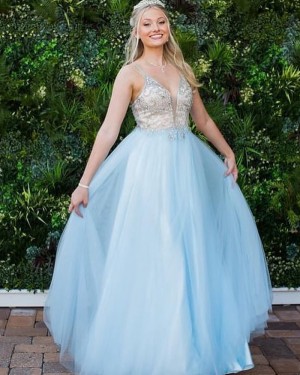 Beading Bodice Spaghetti Straps Light Blue Formal Dress PD2274