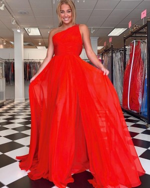 One Shoulder Red Chiffon Simple Formal Dress with Side Slit PD2281