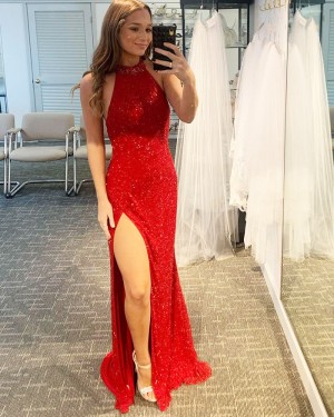 Red Sequin High Neck Mermaid Formal Dress with Side Slit PD2283