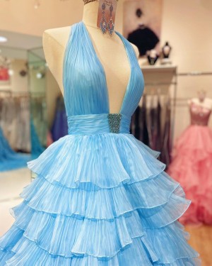 Light Blue Halter Ruched Evening Dress with Layered Skirts PD2285