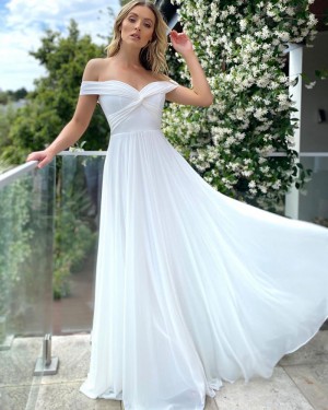 White Pleated Off the Shoulder Chiffon Formal Dress PD2292