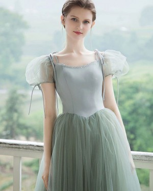 Mint Tulle Ball Gown Scoop Formal Dress with Short Bubble Sleeves PD2293