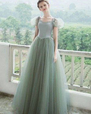 Mint Tulle Ball Gown Scoop Formal Dress with Short Bubble Sleeves PD2293