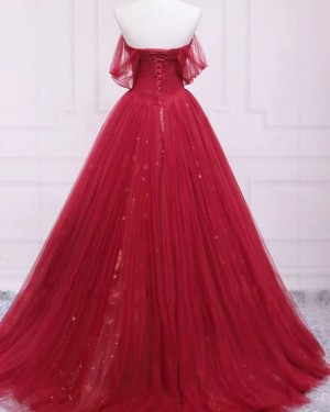 Tulle Red Pleated Off the Shoulder Ball Gown Evening Dress PD2294