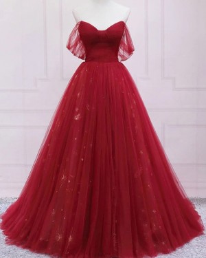 Tulle Red Pleated Off the Shoulder Ball Gown Evening Dress PD2294