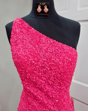 Red Sequin Mermaid One Shoulder Formal Dress with Side Slit PD2295