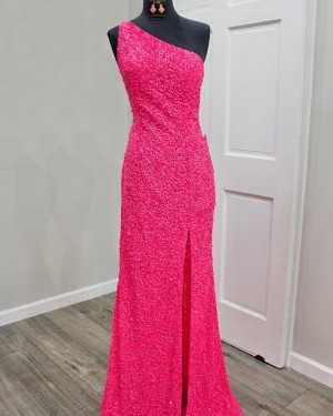 Red Sequin Mermaid One Shoulder Formal Dress with Side Slit PD2295