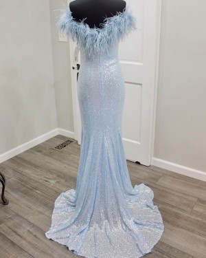 Sequin Blue Mermaid V-neck Formal Dress with Feather PD2296