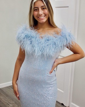 Sequin Blue Mermaid V-neck Formal Dress with Feather PD2296
