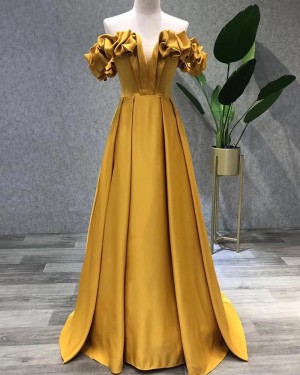 Gold Satin Off the Shoulder Pleated Evening Dress PD2302