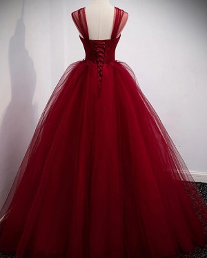 Burgundy Tulle Off the Shoulder Ball Gown Formal Dress PD2303