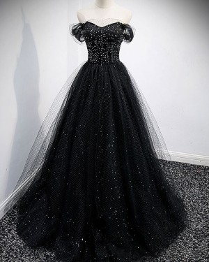 Black Tulle Off the Shoulder Beading Evening Dress PD2304