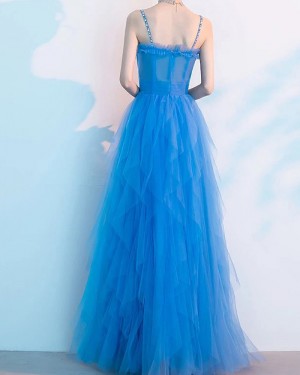 Blue Spaghetti Straps Ruched Tulle Formal Dress PD2306