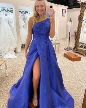 Blue Sparkle One Shoulder Satin Formal Dress with Side Slit PD2308