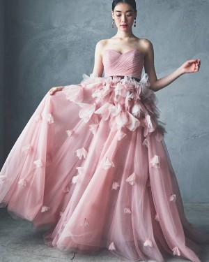 Peach Pink Ruched Sweetheart Tulle Evening Dress with Handmade Flowers PD2309