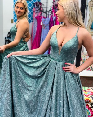 Sparkle Spaghetti Straps Green Pleated Formal Dress PD2312