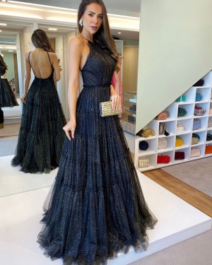 Sequin Spaghetti Straps Black Pleated Evening Dress with Open Back PD2320