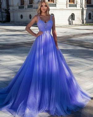 Sequin Bodice Pleated Tulle V-neck Sky Blue Evening Dress PD2324