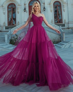 Burgundy Tulle One Shoulder Ruffled Formal Dress PD2325