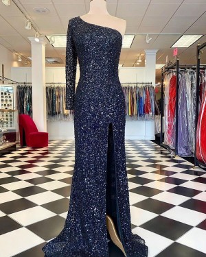 Blue One Shoulder Sequin Long Sleeve Mermaid Formal Dress with Side Slit PD2334