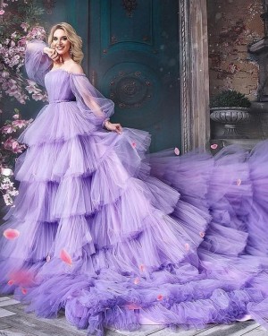 Lavender Off the Shoulder Tulle Long Sleeve Evening Dress with Layered Skirts PD2335