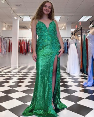 Green Spaghetti Straps Sequin 3D Flowers Prom Dress with Side Slit PD2337