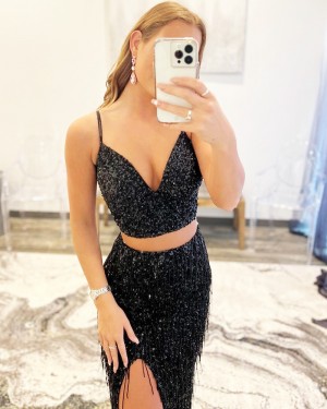 Black Sequin Mermaid Two Piece Prom Dress with Side Slit & Tassels PD2339