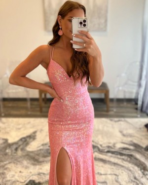Pink Strappy Sequin Spaghetti Straps Mermaid Prom Dress with Side Slit PD2340