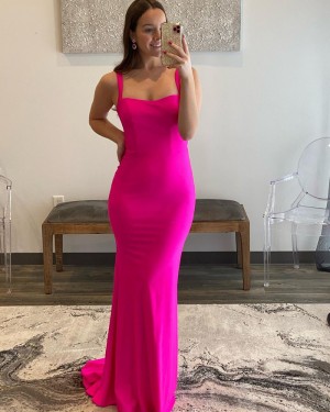 Square Neckline Neon Pink Satin Mermaid Simple Prom Dress PD2342