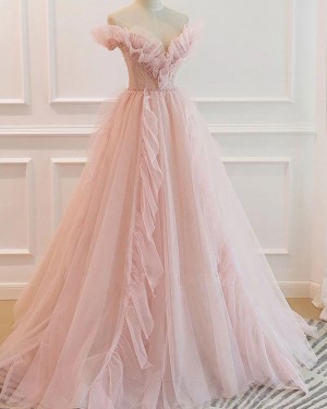 Light Pink Ruched Tulle V-neck Beading A-line Evening Dress PD2344