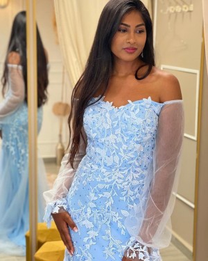 Blue Applique Tulle Off the Shoulder Prom Dress with Long Sleeves PD2345