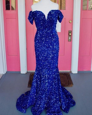 Royal Blue Sequin Mermaid Off the Shoulder Prom Dress PD2347