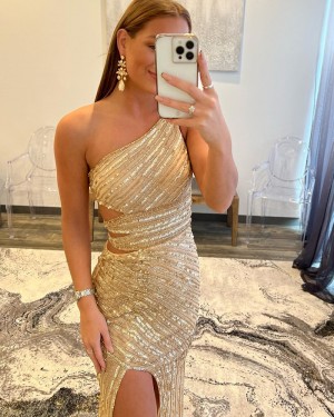 Gold Strappy Sequin One Shoulder Cutout Prom Dress with Side Slit PD2352