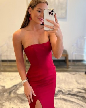 Burgundy Satin Mermaid Strapless Prom Dress with Side Slit PD2355