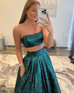Two Piece Green Sequin A-line Strapless Prom Dress with Pockets PD2356
