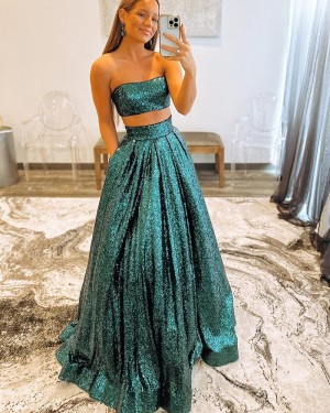 Two Piece Green Sequin A-line Strapless Prom Dress with Pockets PD2356