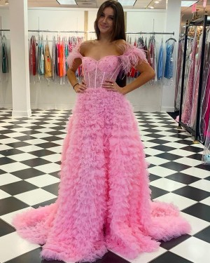Pink Beading Bodice Ruffled Off the Shoulder Prom Dress with Feathers PD2359