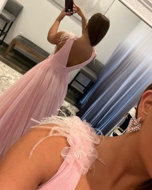 Pearl Pink Tulle V-neck Simple Prom Dress with Feathers PD2362