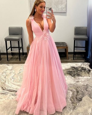 Pearl Pink Tulle V-neck Simple Prom Dress with Feathers PD2362