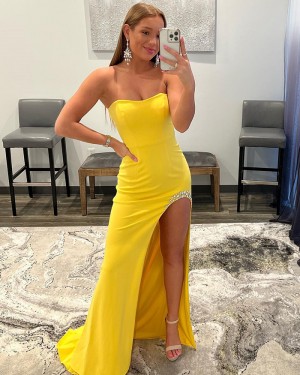 Yellow Satin Mermaid Strapless Prom Dress with Beading Side Slit PD2365
